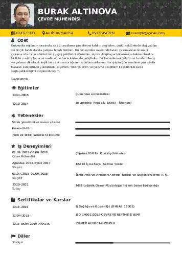 Çevre Mühendisi CV Örnekleri cv indir